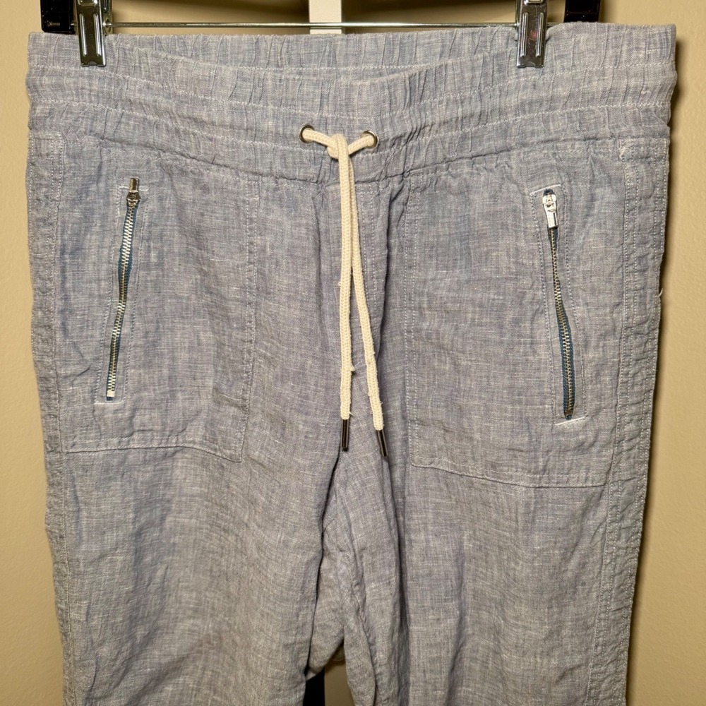 Athleta Cabo Linen Jogger Pants Womens 10 Blue Chambray Elastic Waist Zip Pocket